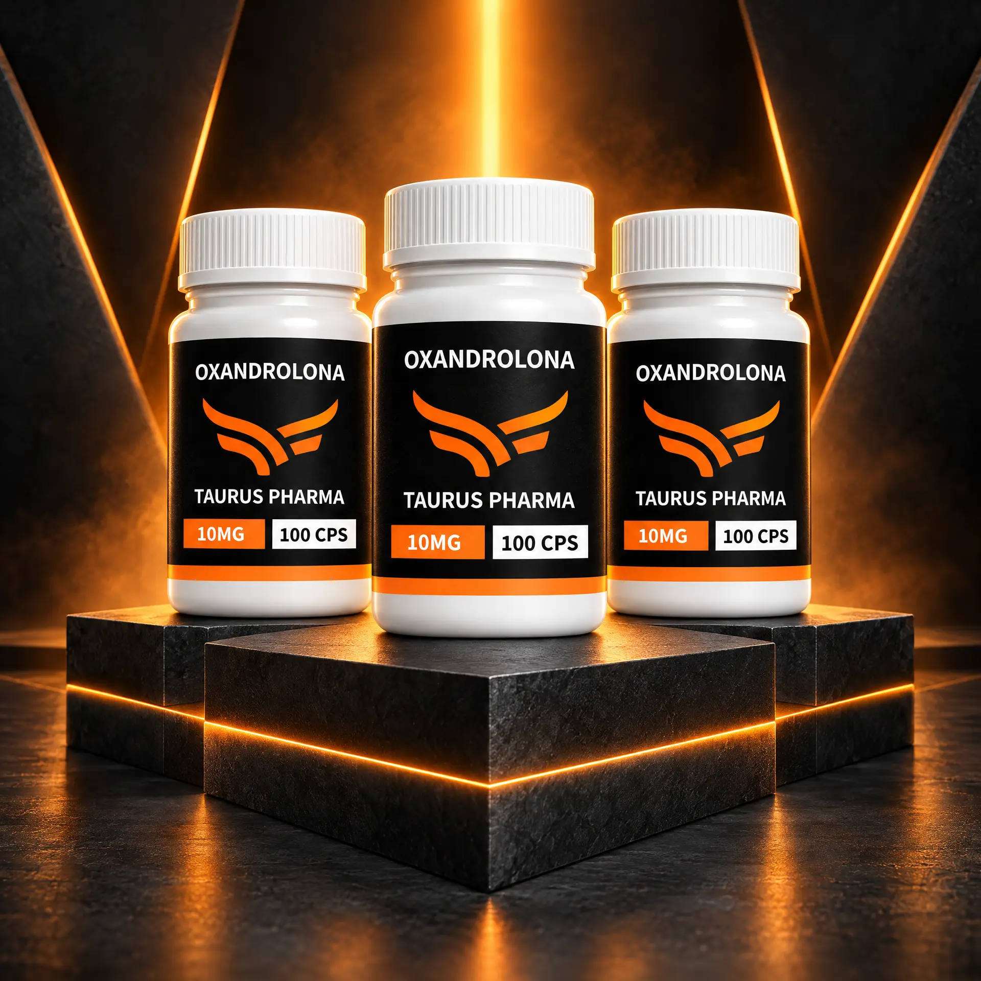 Três frascos de Oxandrolona 10 mg, 100 cápsulas, em pedestais iluminados